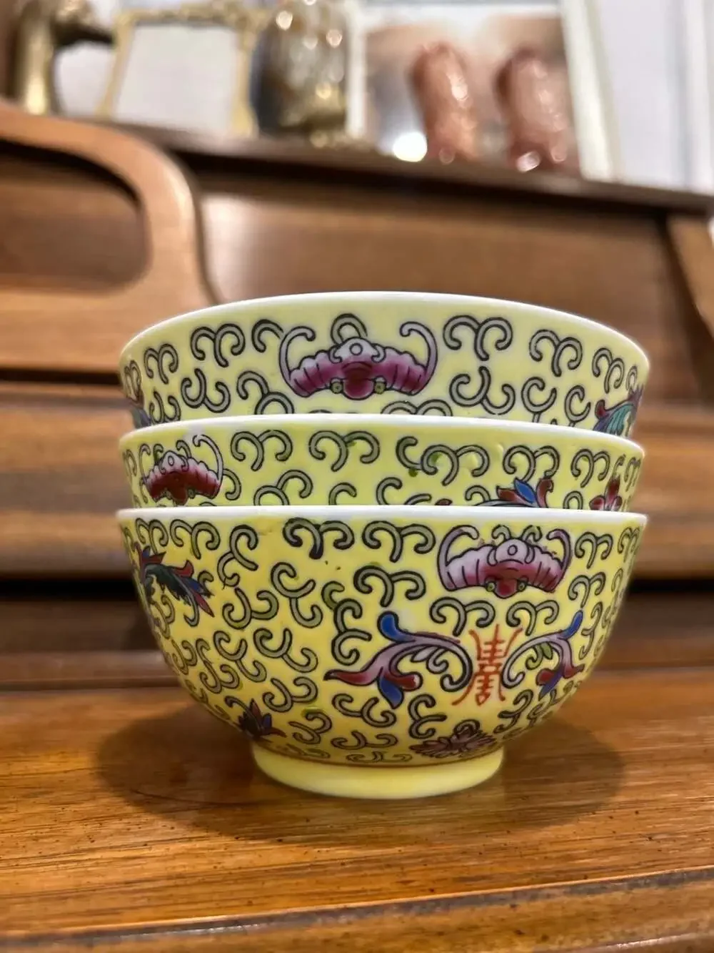 3 Chinese Famille Rose Yellow Porcelain Bowls